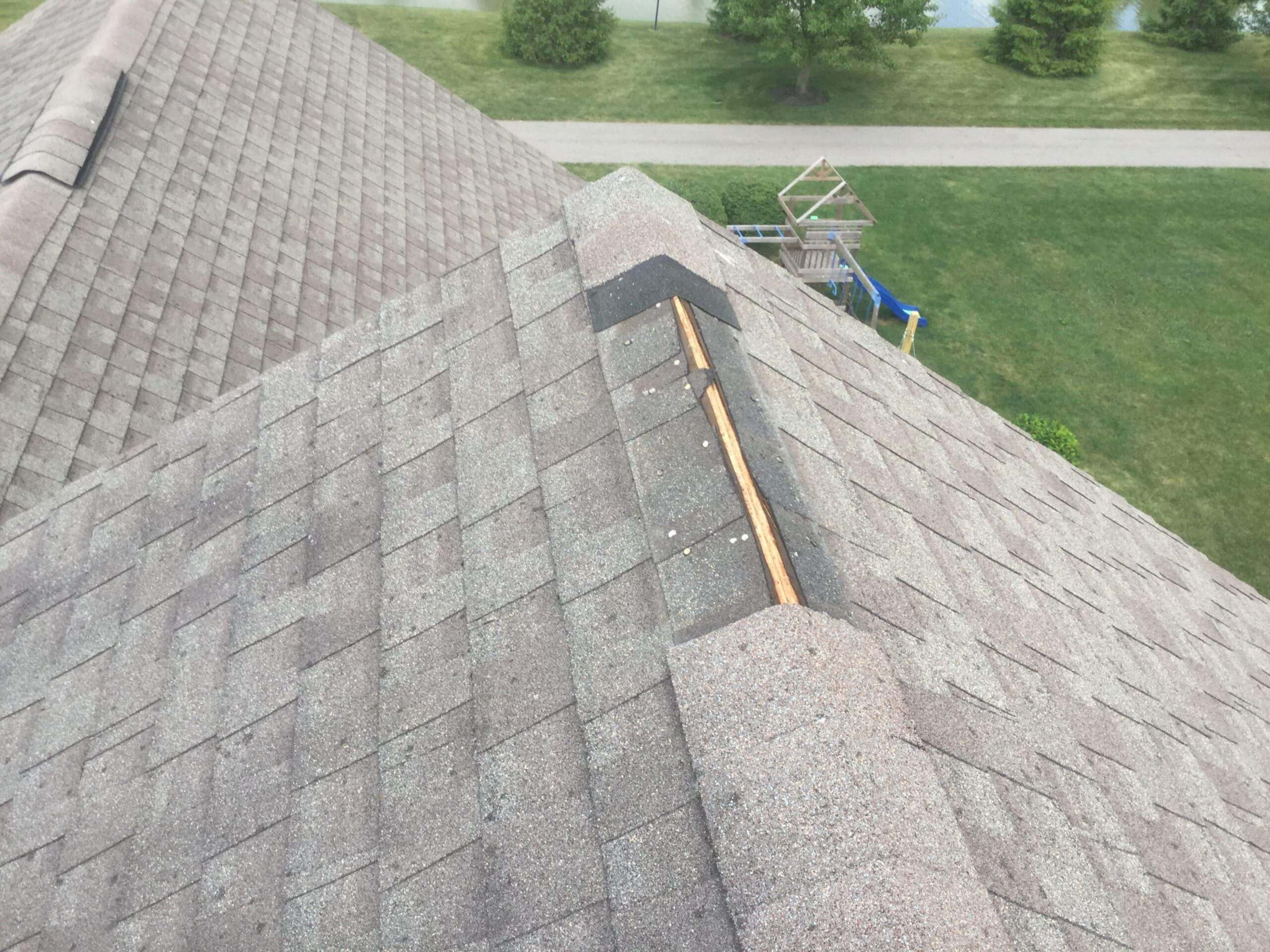 Spring roof inspection in Columbus Ohio showing ridge vent and shingle condition